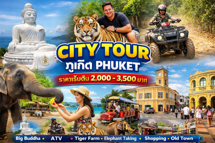 City Tour ในภูเก็ต ราคาเริ่มต้น 2,000-3,500 บาท เราสามารถพาคุณไปเที่ยวในภูเก็ต big buddha ATV Tiger Farm Elephant taking Shopping ภูเก็ต old Town